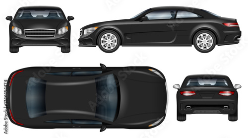 Realistic black luxury coupe car shown from four angles: side, front, rear, and top. Detailed vector illustration with chrome accents and red taillights. All elements in the groups on separate layers.
