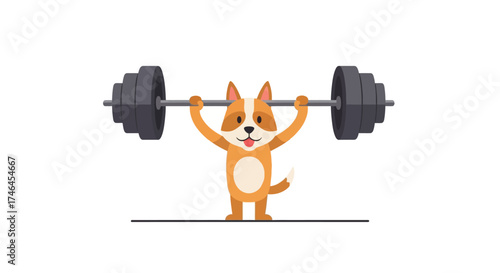 Cartoon dog lifting heavy barbell with determination and showing strength and fitness