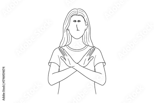 Line Drawing of Woman with Arms Crossed,
Gesture of Refusal on White Background