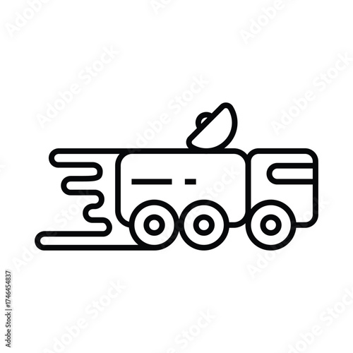 A black outlined icon depicting a truck with a dish on top A speed trail emanates from the truck