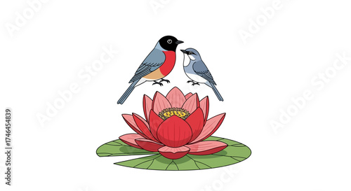 Two birds perched on a vibrant water lily symbolizing nature's serene beauty and harmony