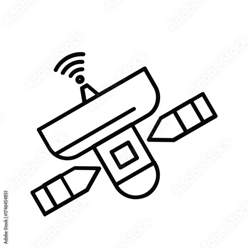 A black outlined illustration depicts a satellite It has a rectangular body an antenna with signal lines and two angled solar panels