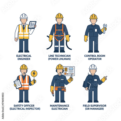 Illustration depicting six different electrical industry workers, including engineer, technician, operator, safety officer, electrician, and supervisor, each...
