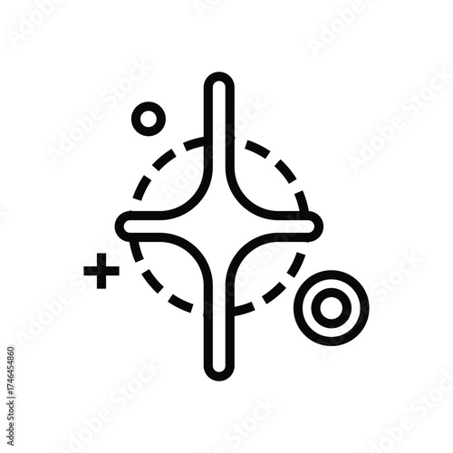 A black outlined symbol on a white background It features a fourpointed star dashed circle plus sign and two circles