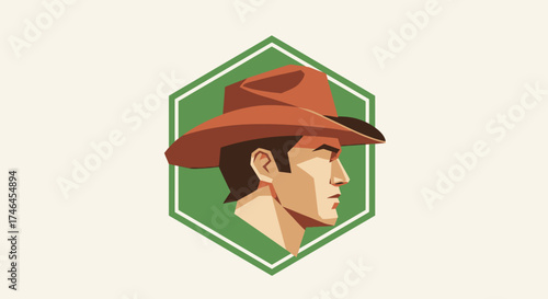 Stylized cowboy profile portrait inside a geometric green hexagon background