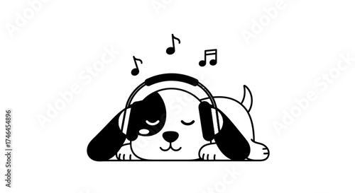 Adorable cartoon dog listening to music with headphones in black and white drawing style
