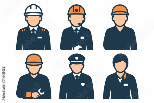 Six stylized vector icons depicting various professions, including construction worker, pilot, security guard, and service personnel.
