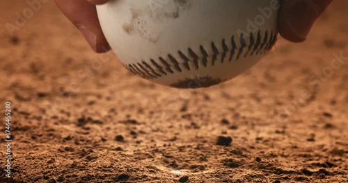 Close-up cinematic shot of a baseball on dusty ground being picked up by a player’s hand. Dust rises in soft dramatic lighting, emphasizing detail and motion.