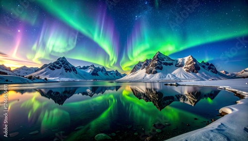 Aurora borealis glowing over snow-covered mountains, reflected in a frozen lake