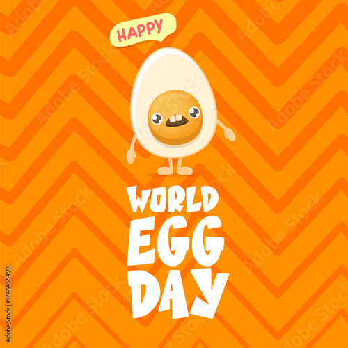 World egg day square greeting card with vector funny cartoon cute smiling tiny egg character isolated on orange geometric pattern background. Egg day poster or banner