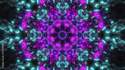 Vibrant abstract kaleidoscope animation with glowing purple and pink fractal patterns. Hypnotic symmetry design perfect for music visuals, meditation videos, or futuristic backgrounds.