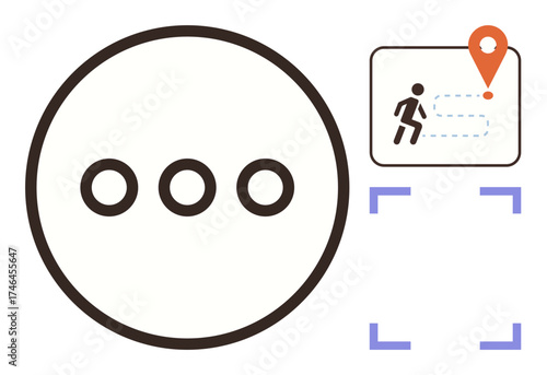 Three dots inside a circle, a map with a walking path to a destination marked by a pin. Ideal for travel, wayfinding, scanning technology, mobility, exploration, journey planning, simple flat