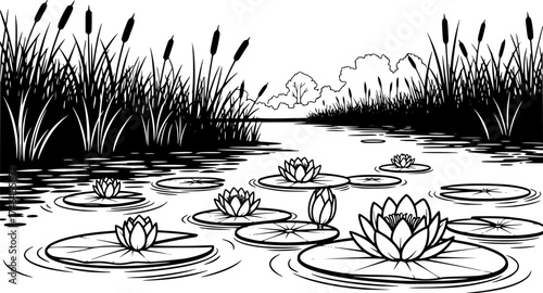 Vector sketch of waterlilies on the swamp or river, landscape with water plants silhouettes by the water's edge.