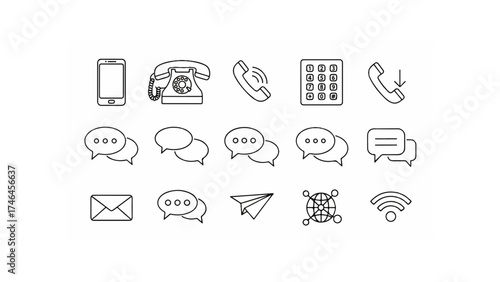 Simple outline icons showing different communication methods like calls and messaging isolated on.