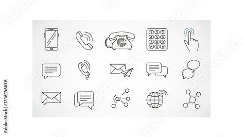 Set of sketchy line art icons representing various modern and classic contact methods isolated on.