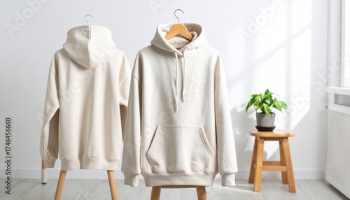 Beige Hoodies Hanging with Front and Back View, and Minimalist Style.