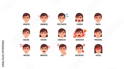 Collection of cartoon faces displaying various negative emotions such as anger and frustration shown