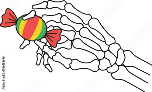 Vector art of skeleton hand holding a wrapped candy