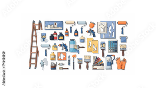 Illustration showing various painting tools including brushes rollers and paint cans on a white background