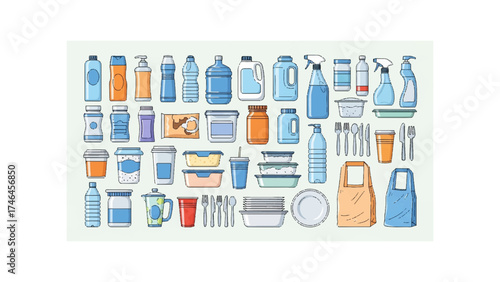 Illustration showing an assortment of plastic containers bottles and disposable cutlery on a white background