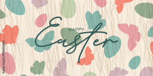 Happy Easter horizontal greeting card or banner with butterflies and easter eggs