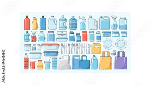 Assorted plastic containers bottles bags and utensils arranged in a neat and organized manner on a surface
