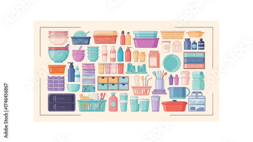 Illustration of various household storage containers and bottles arranged in a neat square grid layout