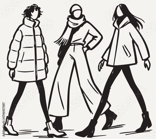 Abstract cartoon sketch ink fashion illustration. Three girls in down coat, jacket, pants models. Winter, autumn