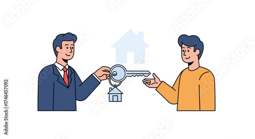 Real estate agent handing over keys to a new home owner in a symbolic cartoon depiction