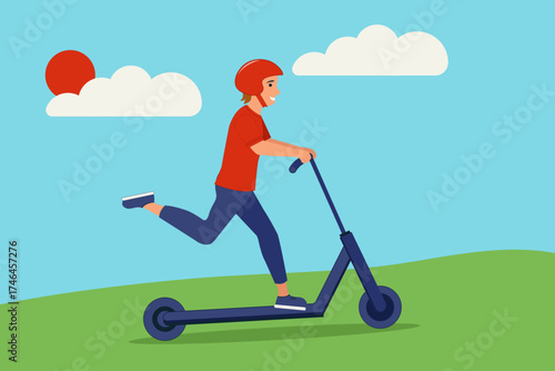 A brunette guy on a blue scooter, wearing a red T-shirt, background road, sky