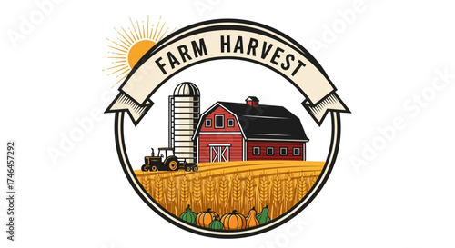A farm logo featuring a red barn, silo, tractor, and wheat field under a sun.