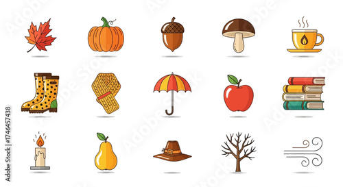 Collection of autumn themed icons including a maple leaf, pumpkin, acorn, mushroom, tea, boots, scarf, umbrella, apple, books, candle, pear, hat, tree, and wind.
