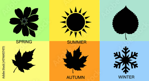 Graphic illustration depicting the four seasons: spring, summer, autumn, and winter, each represented by a symbolic icon.