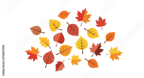 A collection of colorful stylized autumn leaves scattered against a white background.