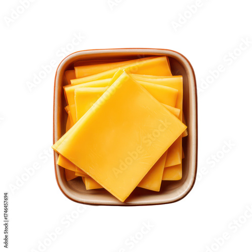 Stack of cheddar cheese slices in a bowl isolated on transparent background