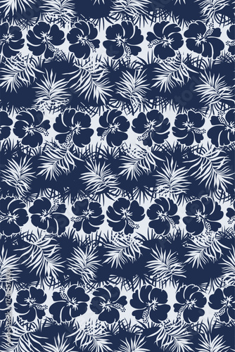 Hibiscus flower and tropical leaves patchwork wallpaper abstract vector seamless pattern for fabric wear cloth rug carpet pillow tablecloth beach towel swimsuit