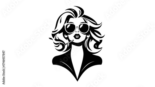 A stylized black and white illustration of a woman with sunglasses, smoking.