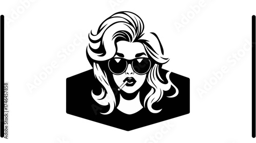 Stylish woman with sunglasses and cigarette, depicted in a black and white vector illustration.