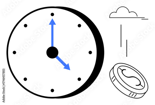 Clock with blue arrows, a falling coin, cloud, and lines implying time, money, and abstract flow. Ideal for time management, savings, efficiency value deadlines business concepts simple flat