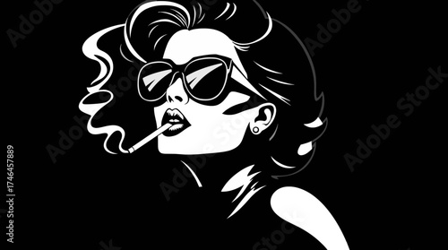 Stylish woman with sunglasses smoking a cigarette, exhaling smoke against a black background.