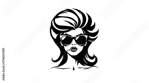 Graphic illustration of a woman with sunglasses smoking a cigarette, stylized hair, in black and white.