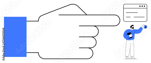 Large pointing hand directs focus to man holding book and ball next to browser window. Ideal for guidance, direction, teaching, decision-making, wayfinding, notifications, leadership. Simple flat