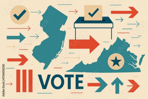 Modern illustration of voting process with checkmarks, ballot box, and maps of New Jersey and Virginia.