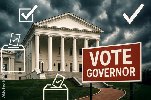 Vote Governor sign with ballot boxes and checkmarks in front of government building under stormy sky.