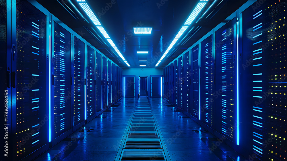 Fototapeta premium Futuristic Server Room with Blue Lighting and High Tech Data Storage Banks for Cloud Computing
