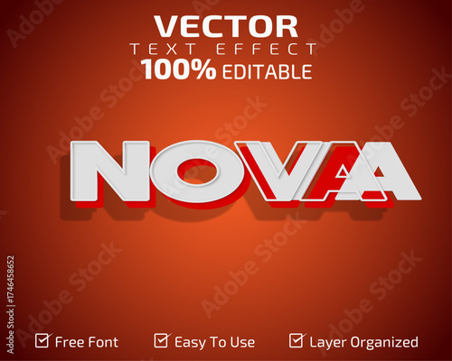 Modern 3D vector text effect design featuring the word “NOVA” with bold white letters, red shadows, and a clean editable layout. Perfect for branding, posters, and digital typography projects.