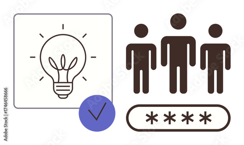 Light bulb, three people, password field, and checkmark represent ideas, teamwork, creativity, security, innovation problem-solving and trust. Ideal for business leadership technology and simple