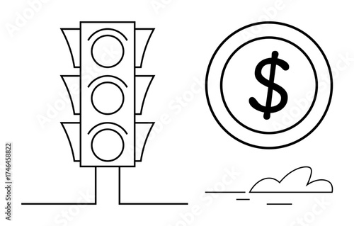 Traffic light with three signals next to a dollar sign over minimal ground lines. Ideal for economy, finance, decision-making, regulation, control, business, traffic and money concepts. Simple flat