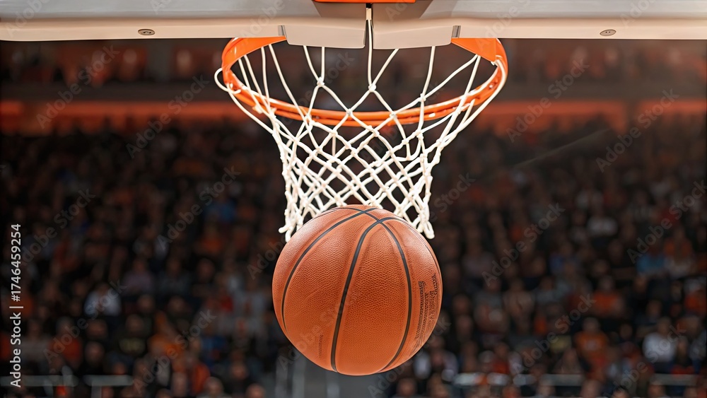 Fototapeta premium Basketball shot at the hoop, sports arena crowd, scoring points