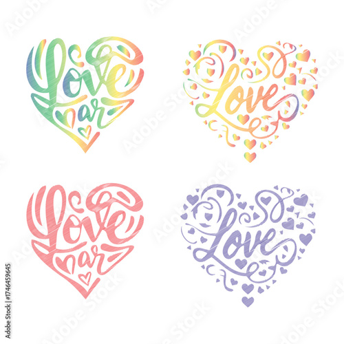 Vector art of set of four colorful hearts with the word love written in calligraphy